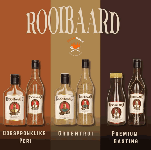Rooibaard Original Peri Peri Sauce bottles displayed on a colorful background.