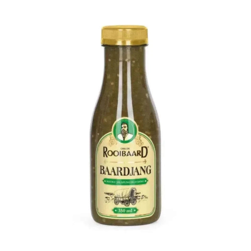 Rooibaard Sauce Baardjang Matige Jalapeno 350ml bottle with mild jalapeno flavor, perfect for grilling and marinating.