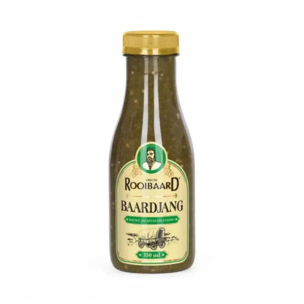Rooibaard Sauce Baardjang Matige Jalapeno 350ml bottle with mild jalapeno flavor, perfect for grilling and marinating.