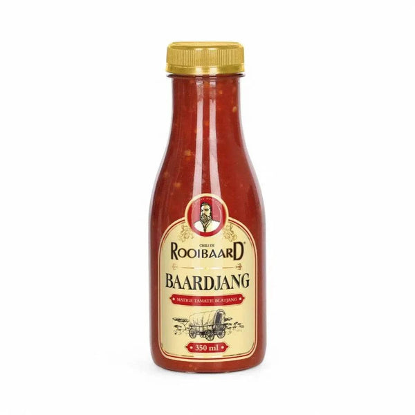 Rooibaard Sauce Baardjang Matige Tamatie 350ml bottle - medium-spiced tomato sauce for grilling and braais.