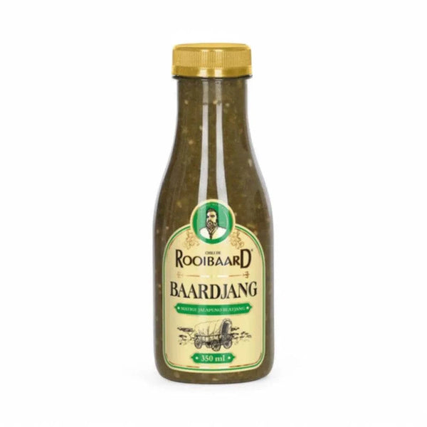 Rooibaard Sauce Baardjang Matige Jalapeno 350ml bottle with mild jalapeno flavor, perfect for grilling and marinating.