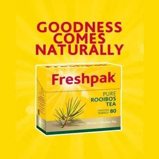 Freshpak Rooibos Tea 80s box with natural goodness tag on yellow background