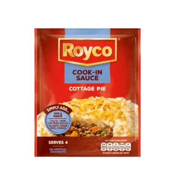 Royco Cook in Sauce Cottage Pie 37g packet with meal ingredients background