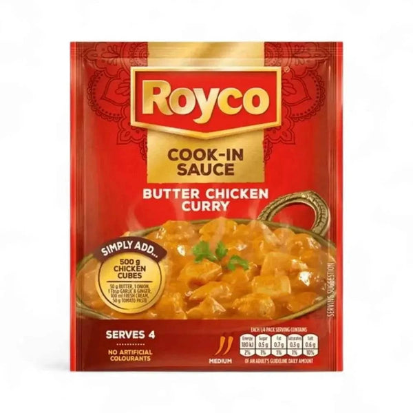 Royco Butter Chicken Curry Cook-in-Sauce 50g sachet for family meals, creamy tomato-based with mild spices and no artificial colors