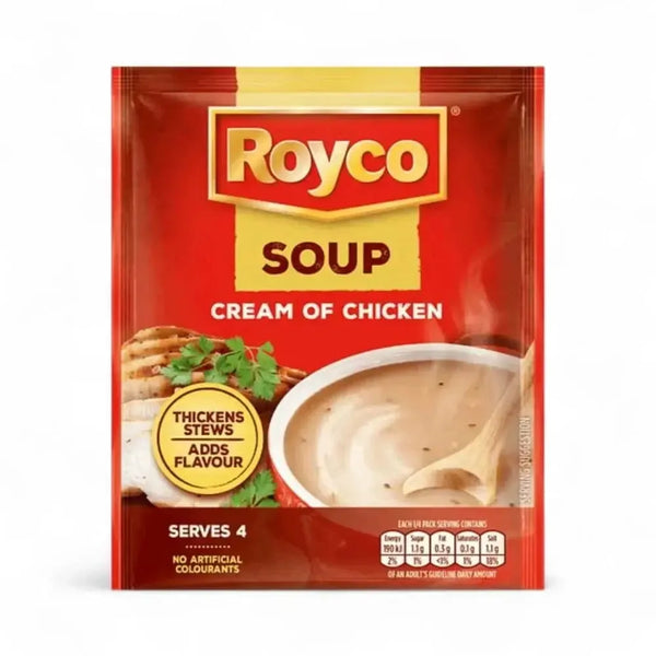 Royco Cream of Chicken Soup 50g packet with creamy chicken soup and serving suggestion