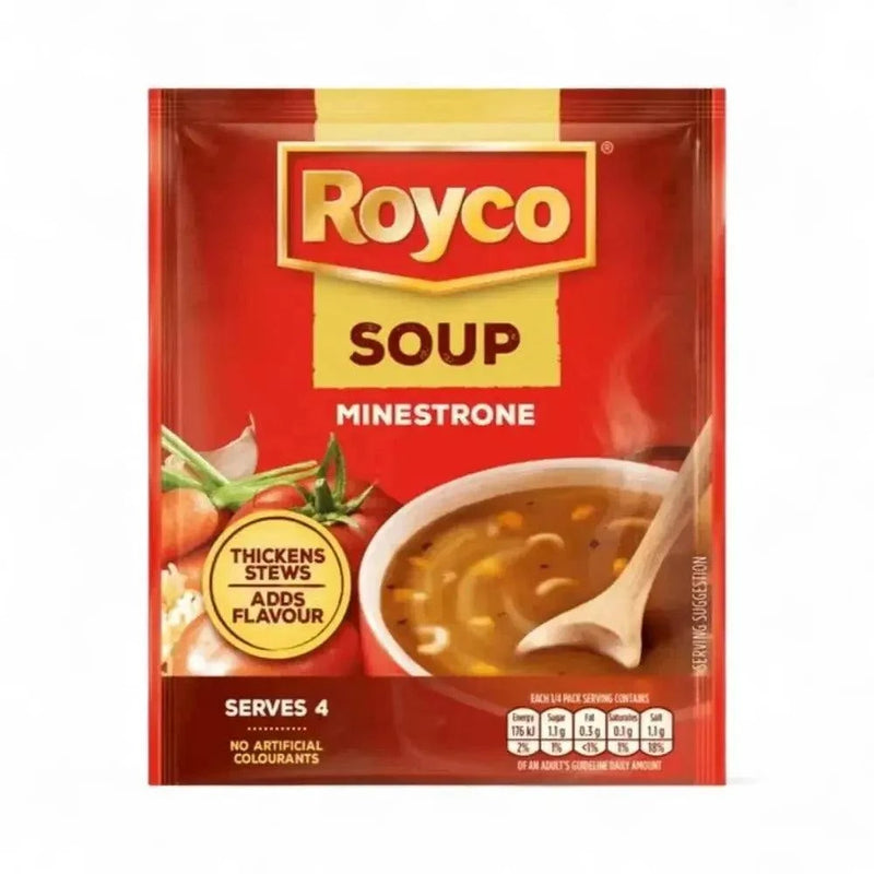 Royco Minestrone Soup 50g packet with steaming hearty vegetable and pasta soup, thickens stews and adds flavor, serves 4, no artificial colorants.