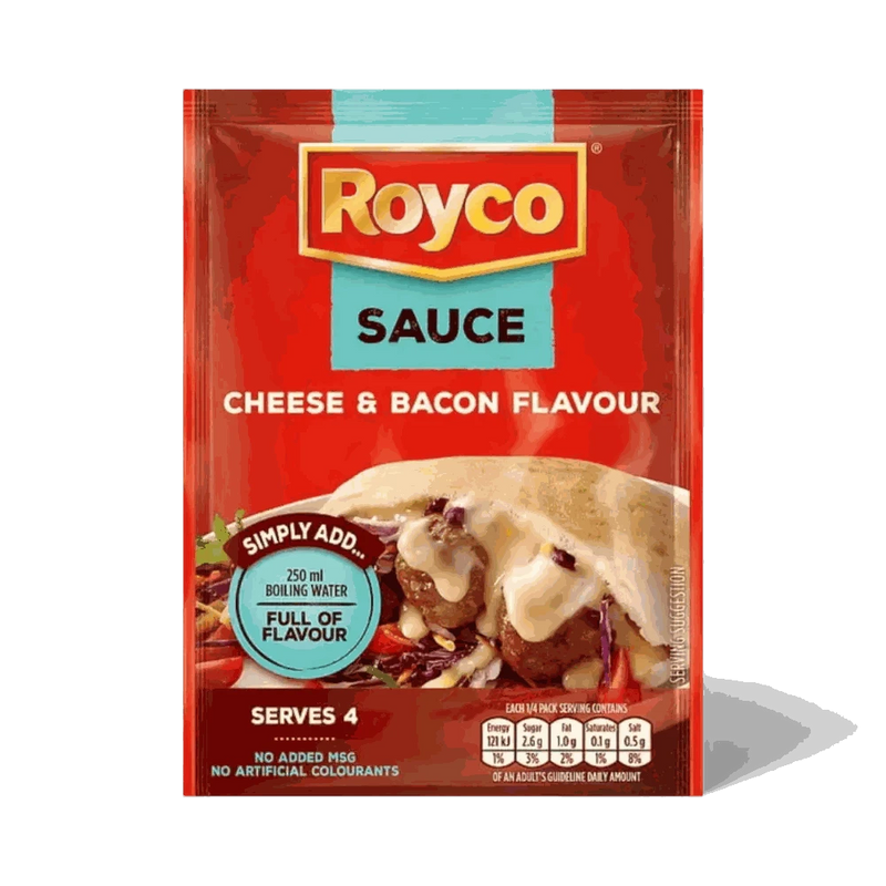 Royco Cheese and Bacon Flavoured Sauce 38g packet for easy cooking creamy white sauce with cheddar and smoky bacon flavors