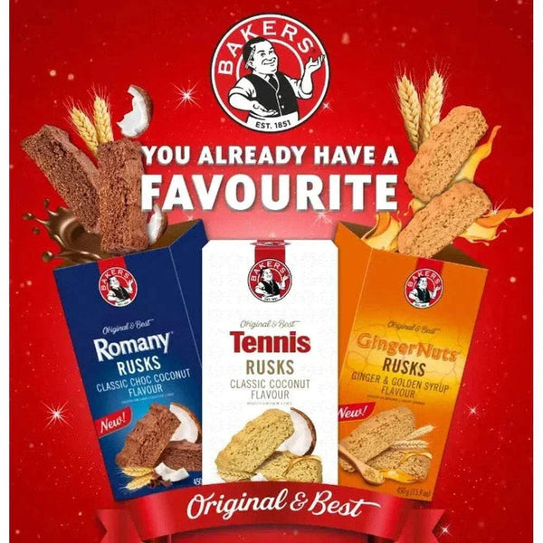 Bakers Ginger Nuts Rusks 450g with ginger and golden syrup flavor, ideal crunchy snack.