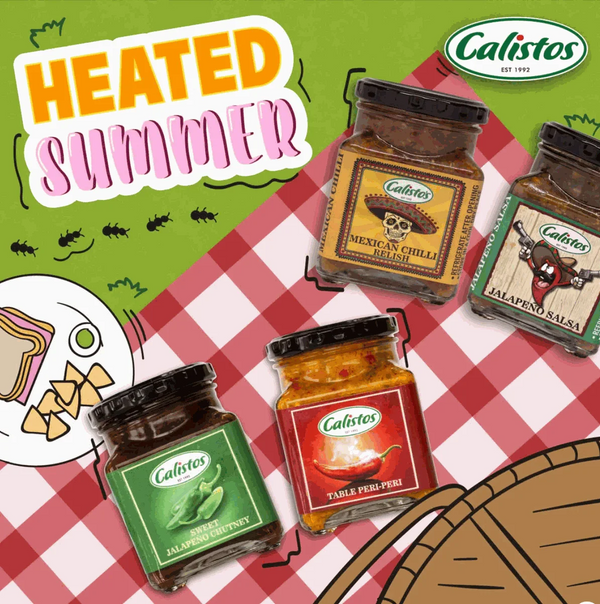 Calisto's Mexican Chilli Salsa 250ml with vibrant jars on picnic background, perfect for adding authentic Mexican heat to dishes.
