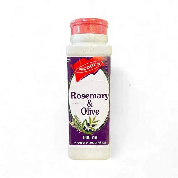Scalli's Seasoning Rosemary & Olive 500ml bottle for enhancing meats and vegetables.