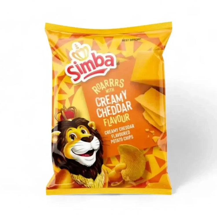 Simba Chips Creamy Cheddar 120g bag with cheesy potato chips inside