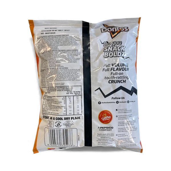 Simba Doritos Supreme Cheese 70g bag showing bold cheese flavour corn chips packaging back