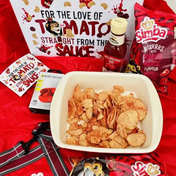 Simba Wellington Tomato Sauce flavoured chips 120g pack with bold crunch and classic South African tomato flavour