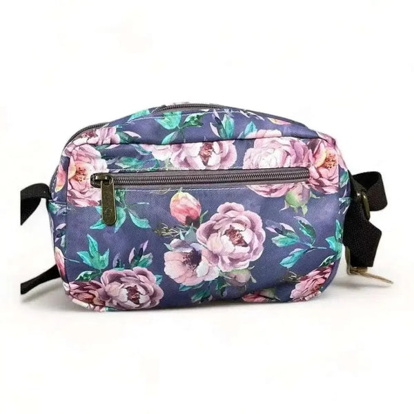 Canvas sling bag with purple flowers and adjustable strap