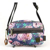 Canvas sling bag with purple flowers and adjustable strap