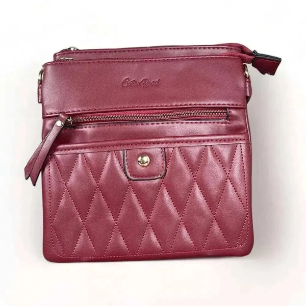 Maroon PU leather sling bag with adjustable strap and lattice front detailing