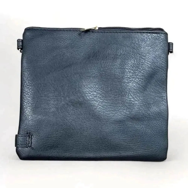 Black PU leather sling bag with adjustable strap and zip compartments