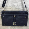 Navy PU leather sling bag with adjustable strap and multiple zip compartments