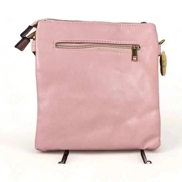 Pink PU leather sling bag with adjustable strap and lattice detailing