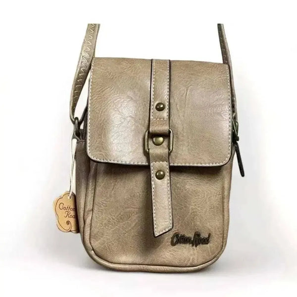 Tan PU leather sling bag with double zip pouches and adjustable strap