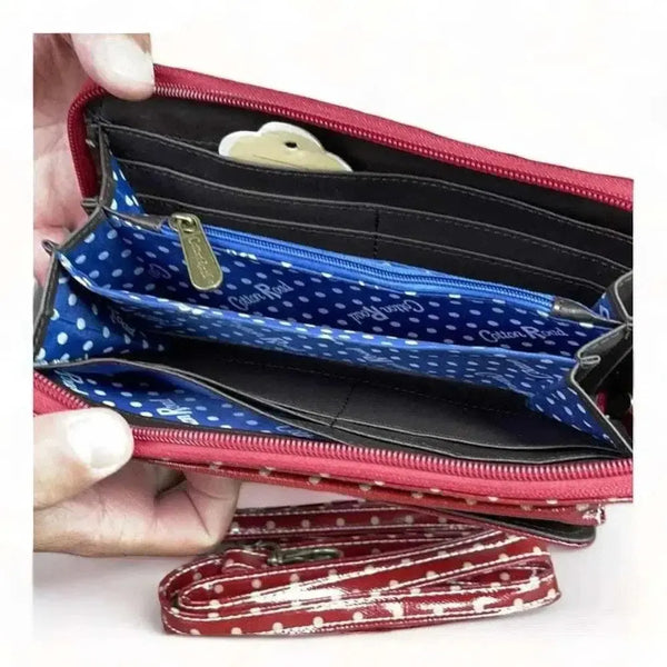 Red sling wallet with small dots, removable strap, zip and clip compartments, 20x11cm