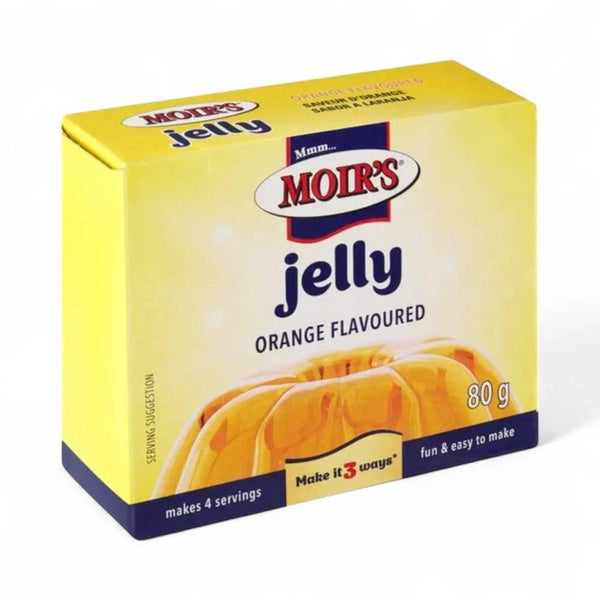 Moir's Jelly Orange 80g box with vibrant orange flavor, easy dessert preparation.