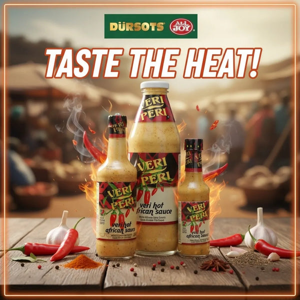 Three bottles of All Joy Veri Peri Garlic African Sauce 250ml surrounded by chili peppers and spices with "Taste the Heat" text