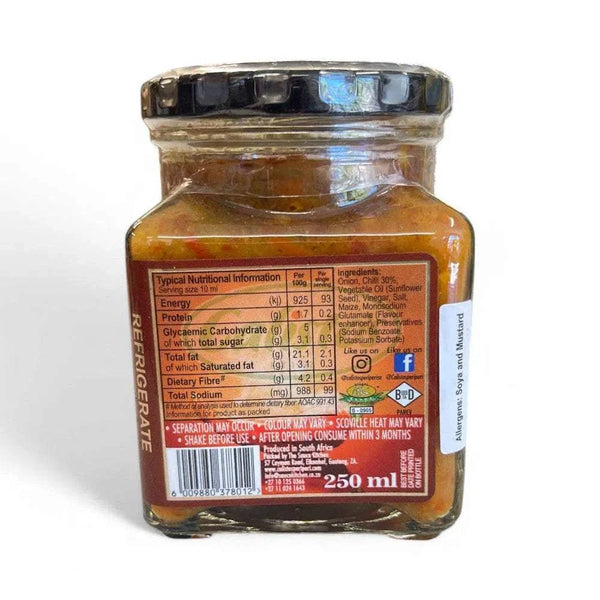 Calisto's Table Peri Peri Relish 250ml glass jar with nutritional information label.