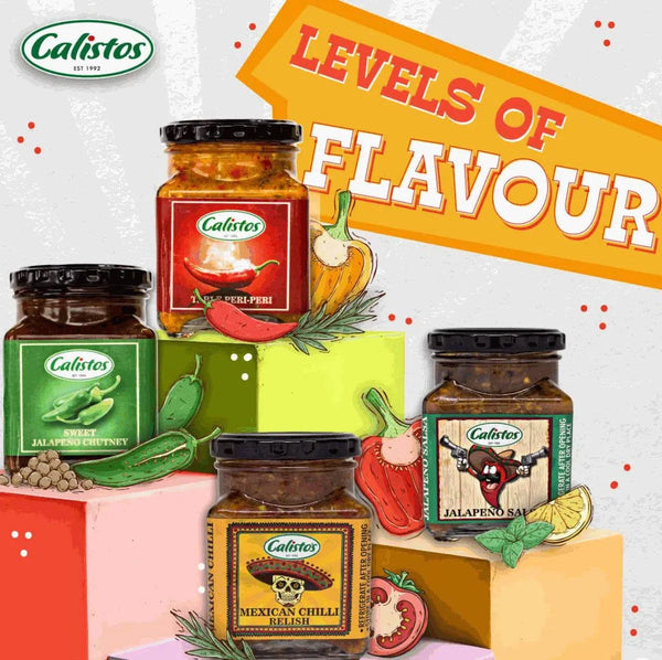 Calisto's Relish - Table Peri Peri 250ml jar in assorted flavors lineup, showcasing spicy condiments for enhanced meals.