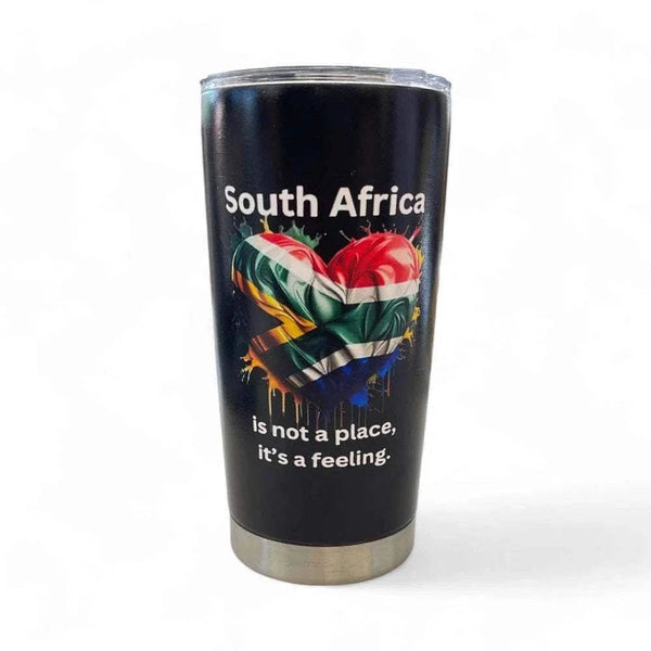 Feeling Stainless Steel Tumbler - 600ml with South African flag design and message "South Africa is not a place, it's a feeling" for drinks.