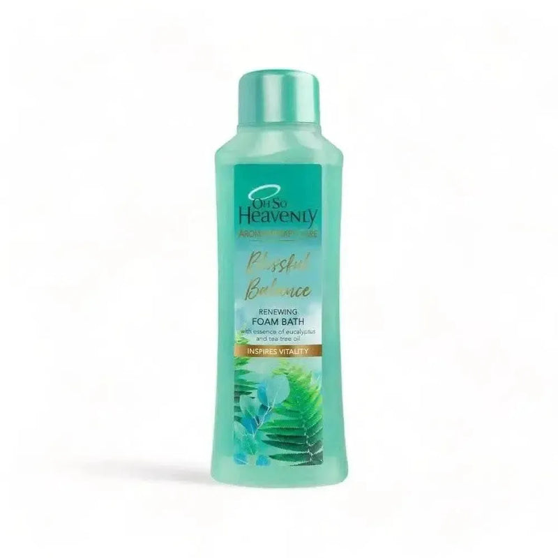 Oh So Heavenly Aromatherapy Care Foam Bath bottle with eucalyptus and tea tree scent in bathroom setting