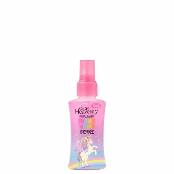 Oh So Heavenly Kid's Care Unicorn Wishes Strawberry body spray bottle with pink and purple design