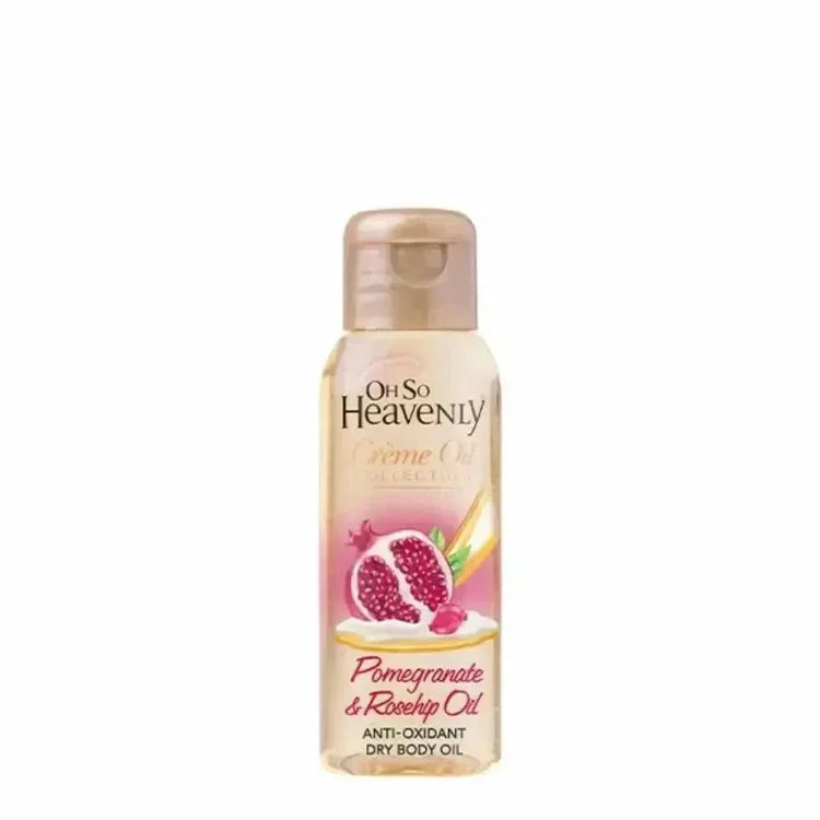 Oh So Heavenly Creme Oil dry body oil bottle with pomegranate and rosehip ingredients on white background