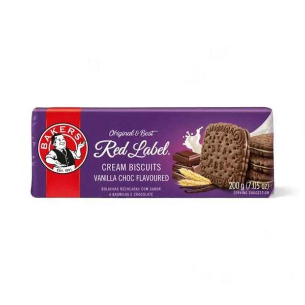 Bakers Red Label vanilla chocolate cream biscuits 200g pack with chocolate biscuits and vanilla cream filling