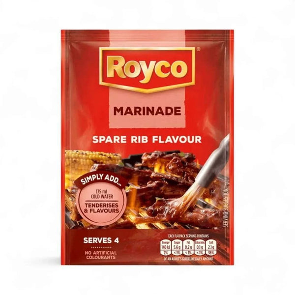 Royco Marinade Spare Rib 39g sachet with smoky-sweet South African flavor for tenderizing and seasoning ribs and meats.