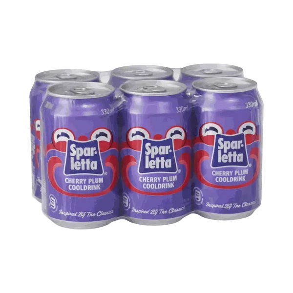 Six-pack of 330ml Sparletta Cherry Plum cans, South African cherry and plum flavored soft drink