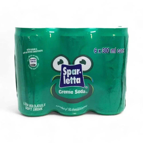 Six-pack of 300ml Sparletta Cream Soda cans in green packaging, South African soft drink