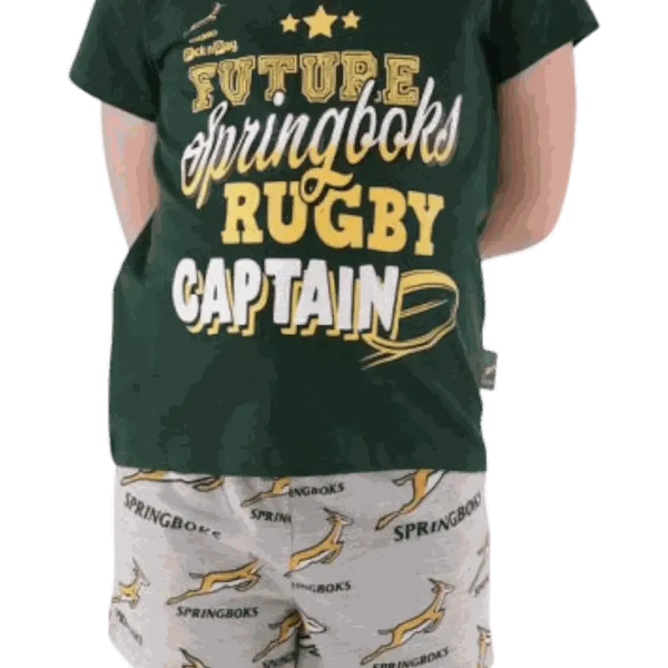 Springbok pajamas kids set with green rugby captain top and white shorts with Springbok logos