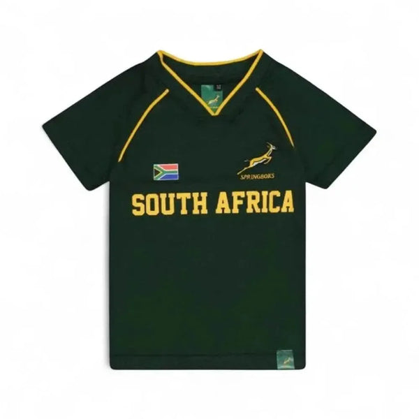 Springbok Official Licensed Supporter T-Shirt in green with South Africa text, Springbok logo, and flag design