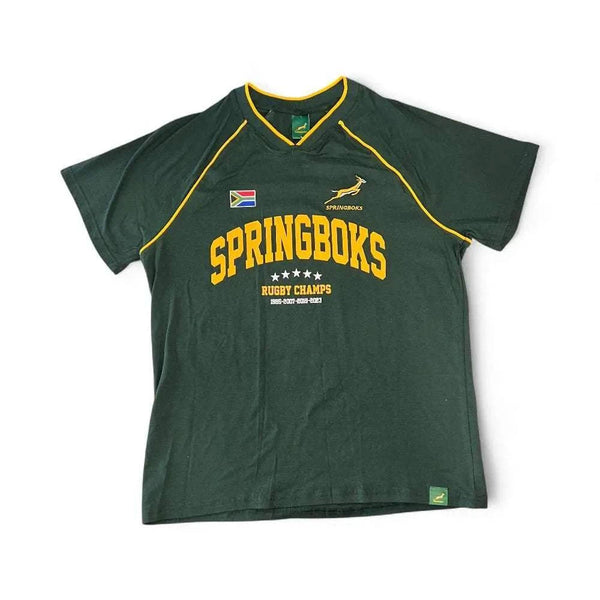 Green Springbok Official Licensed Supporter T-Shirt with yellow trim and logo displaying South African rugby pride