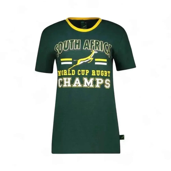 Springbok Official Licensed Supporter T-Shirt in dark green with South Africa and World Cup Rugby Champs text, cotton fabric, 2XL size