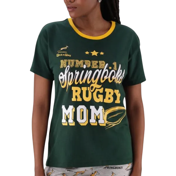 Springbok Pajamas women's set with green short sleeve top and grey shorts featuring rugby mom print and Springbok logos