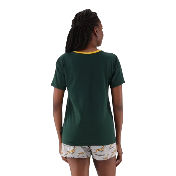 Woman wearing Springbok green short-sleeve top and light grey shorts with Springbok logo, Springbok Pajamas set X-Large