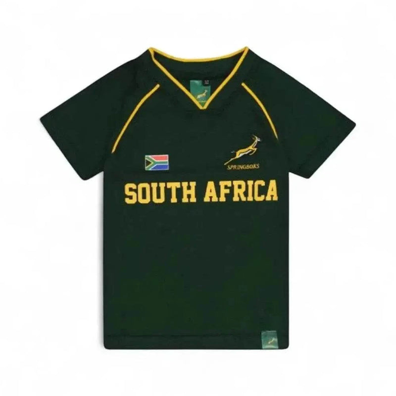 Springbok Official Licensed Supporter T-Shirt in green with South Africa text, Springbok logo, and flag design