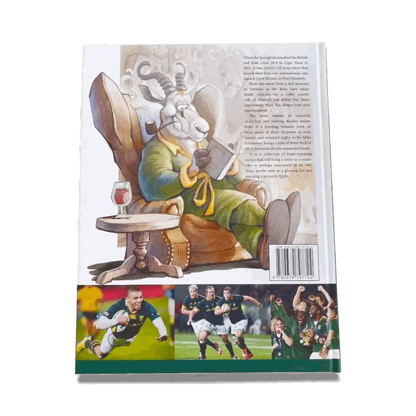 Back cover of The Fireside Springbok book featuring an illustration of a springbok reading by the fireside and rugby action photos below