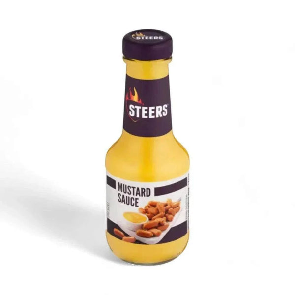 Steers Mustard Sauce 375ml bottle, tangy and creamy condiment ideal for hot dogs and burgers.