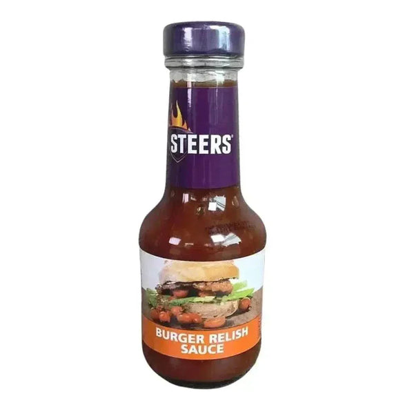 375ml bottle of Steers Sauce burger relish for smoky, fruity grilled flavors
