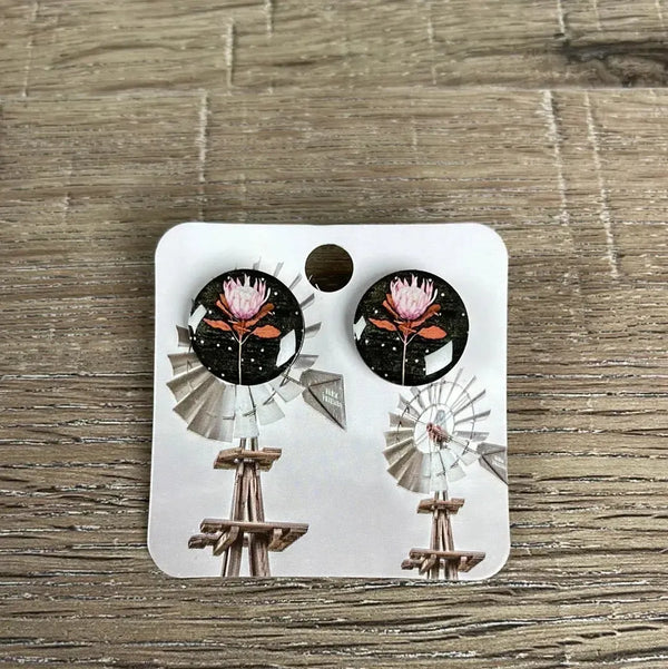 Stud Earrings - Black Circle with Pink Flower - Something From Home - South African Shop