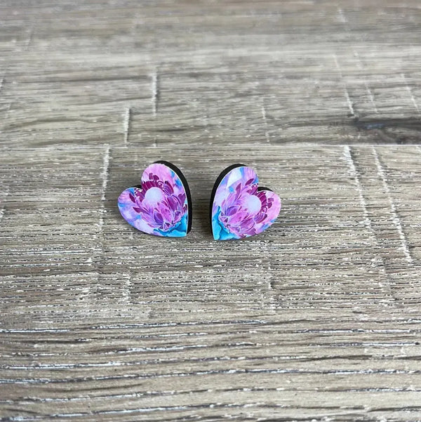 Stud Earrings - Heart with Purple Protea - Something From Home - South African Shop