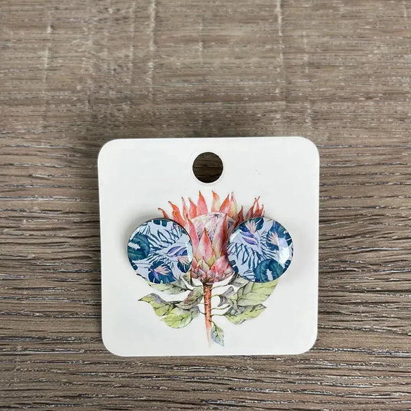 Stud Earrings - Circle Pink with Teal Protea - Something From Home - South African Shop